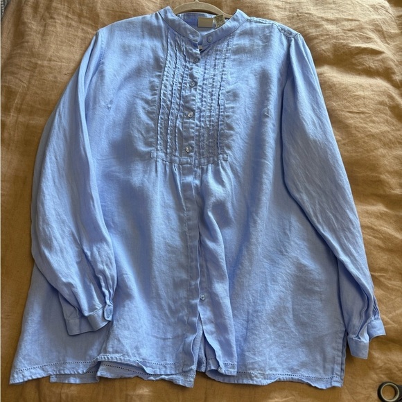 LLBean 100%linen Blue Button-Up long sleeves Shirt with ruffle detail - Picture 4 of 10
